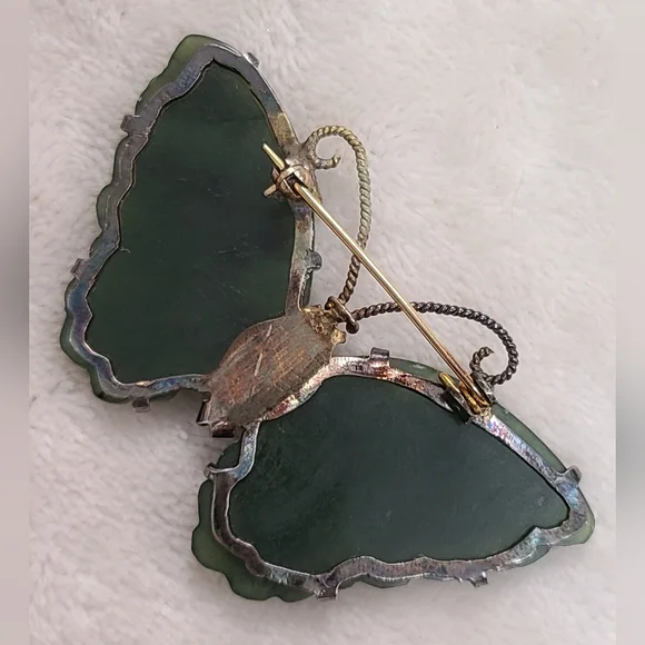 Vintage Carved Jade Butterfly Brooch